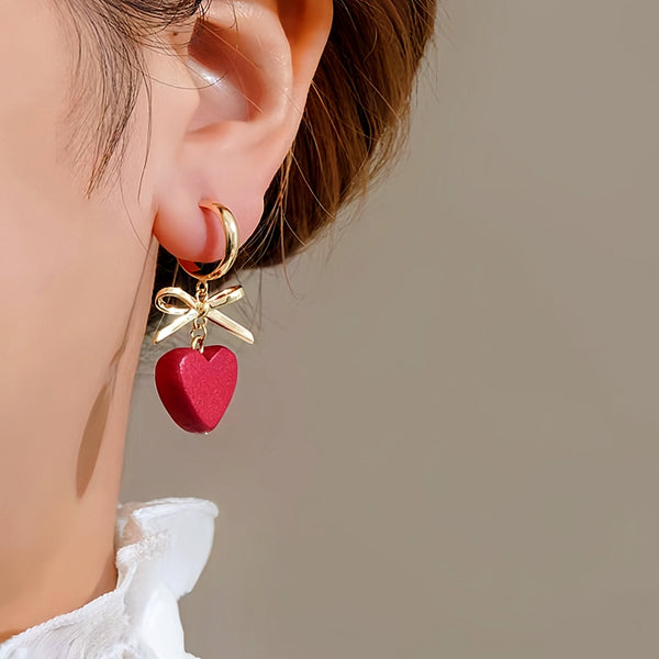 14K Gold-Plated Christmas Bow Red Heart Earrings