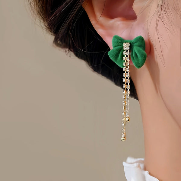 14K Gold-Plated Christmas Green Bow Tassel Earrings