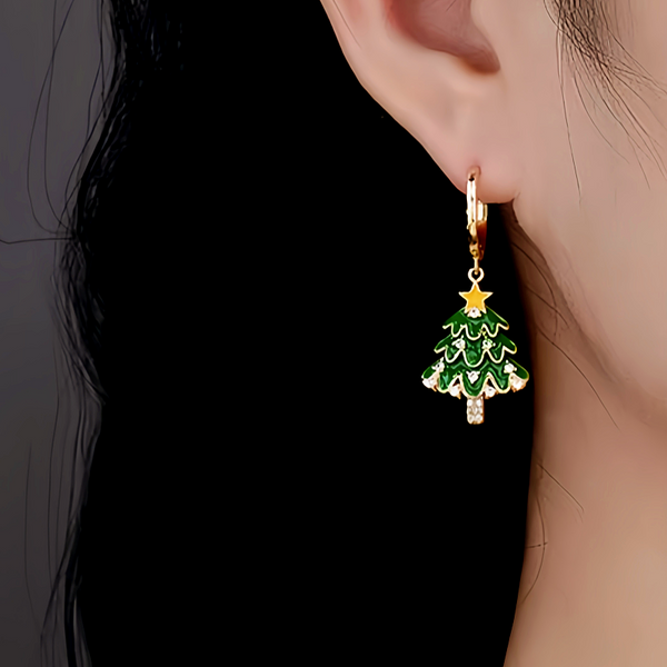 14K Gold-Plated Christmas Green Tree Star Earrings