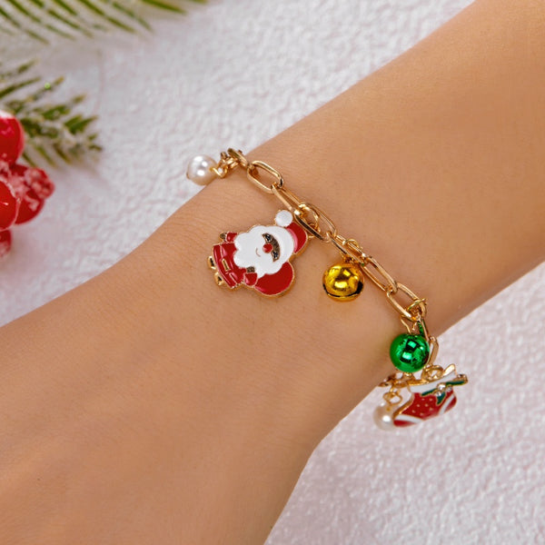 14K Gold-Plated Christmas Santa Claus Snowman Bell Pendant Bracelets