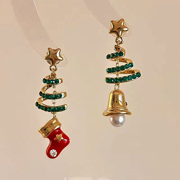 14K Gold-Plated Christmas Sock Bell Asymmetrical Earrings