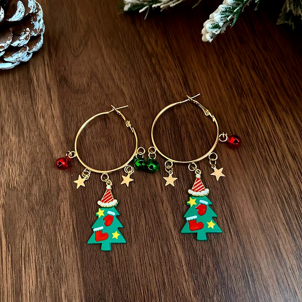 14K Gold-Plated Christmas Tree And Santa Claus Hoop Tassel Earrings