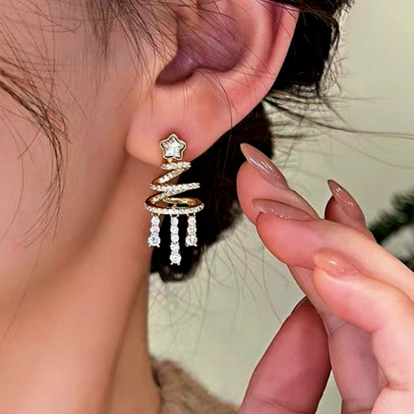 14K Gold-Plated Christmas Tree Zircon Tassel Earrings