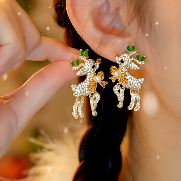 14K Gold-Plated Christmas Zircon Diamond Little Elk Artificial Pearl Earrings