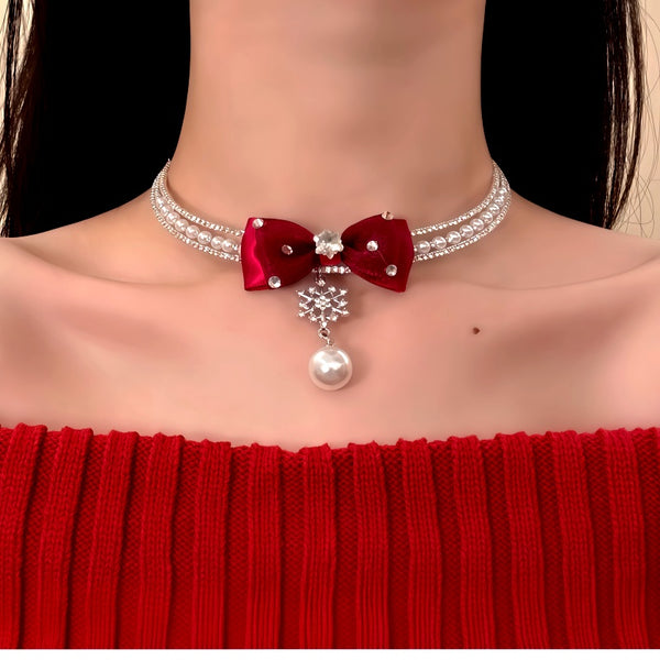 14K Gold-Plated Christmas Zircon Diamond SnowFlake Pearl Bow Choker