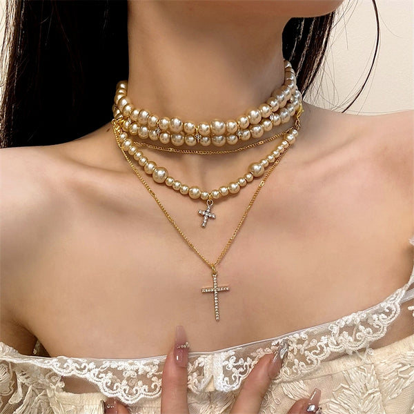 14K Gold-Plated Cross Rhinestone Pearl Choker