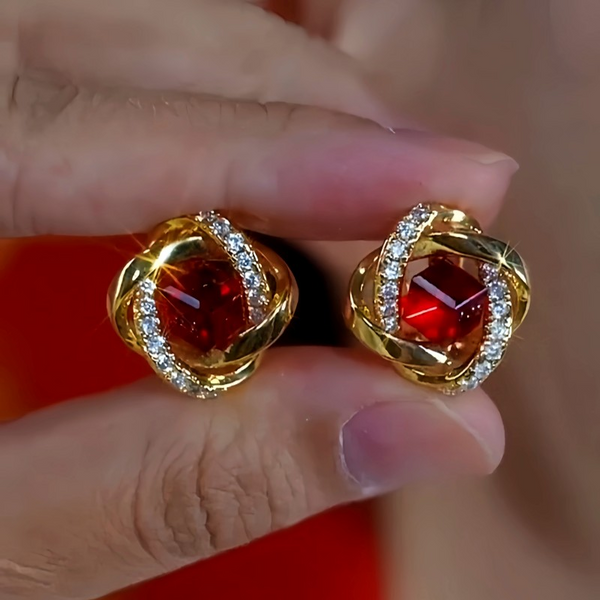 14K Gold-Plated Diamond-Encrusted Red Crystal Stud Earrings