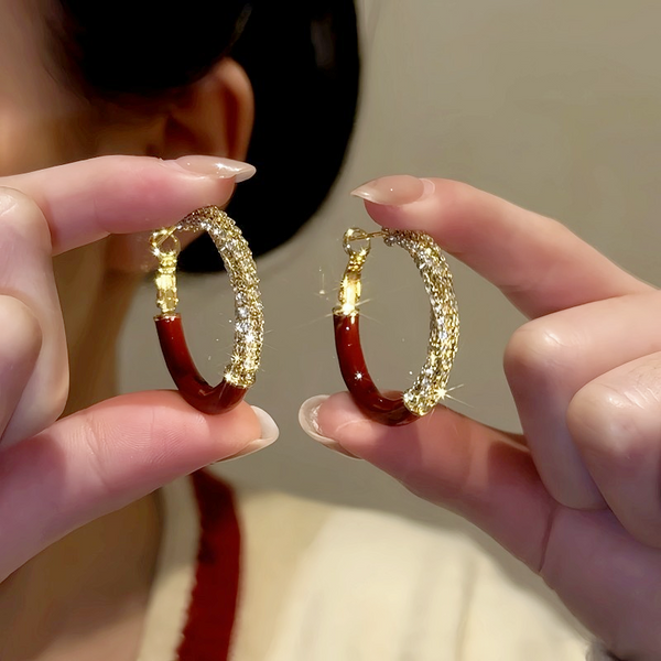 14K Gold-Plated Diamond-Studded Red Glaze Hoop Earrings