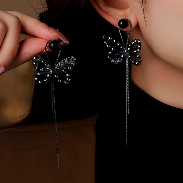 14K Gold-Plated Diamond Butterfly Long Tassel Earrings