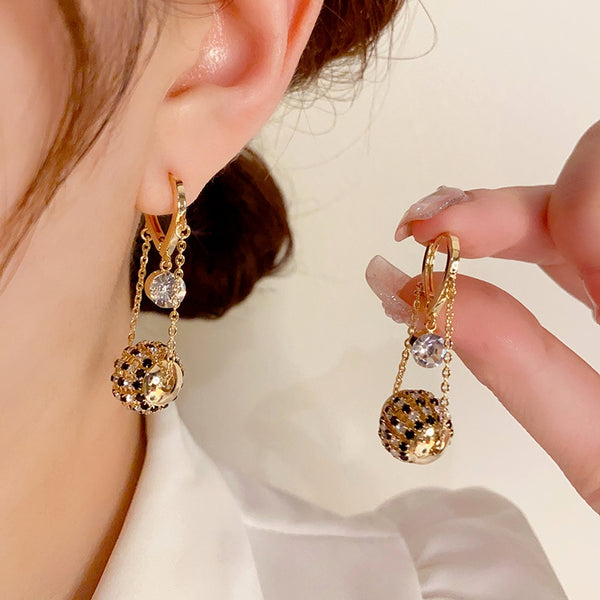 14K Gold-Plated Diamond Chain Ball Earrings