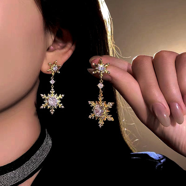 14K Gold-Plated Diamond Christmas Double Snowflake Earrings