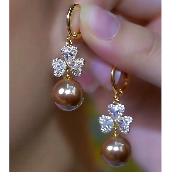 14K Gold-Plated Diamond Flower Pearl Earrings