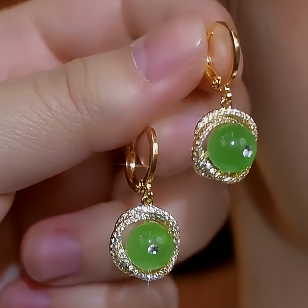 14K Gold-Plated Diamond Green Bead Spiral Earrings