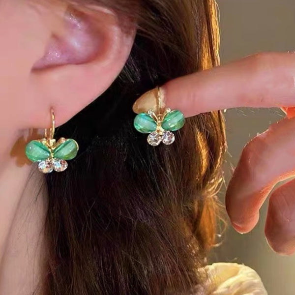 14K Gold-Plated Diamond Green Butterfly Earrings
