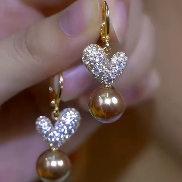 14K Gold-Plated Diamond Heart Brown Pearl Earrings