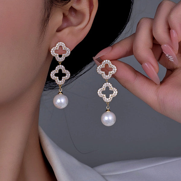 14K Gold-Plated Diamond Hollow Four-Leaf Flower Pearl Earrings