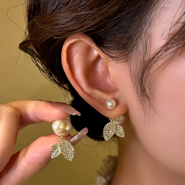 14K Gold-Plated Diamond Leaf Pearl Earrings