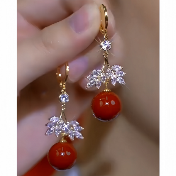 14K Gold-Plated Diamond Leaf Red Pearl  Earrings