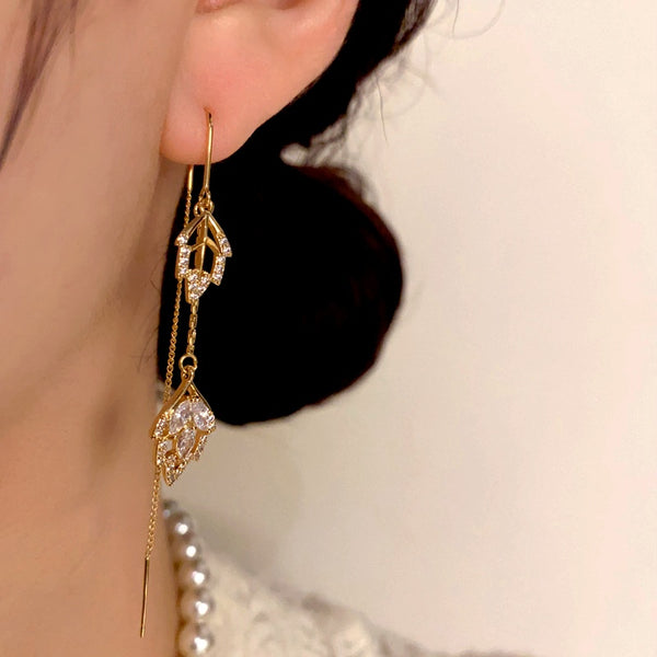 14K Gold-Plated Diamond Leaf Threader Tassel Earrings