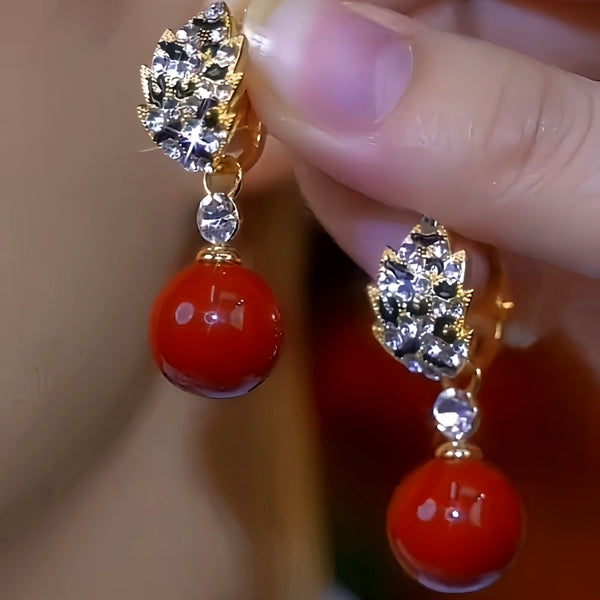 14K Gold-Plated Diamond Red Pearl Earrings