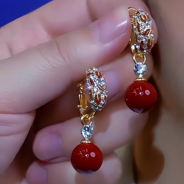 14K Gold-Plated Diamond Red Pearl Earrings