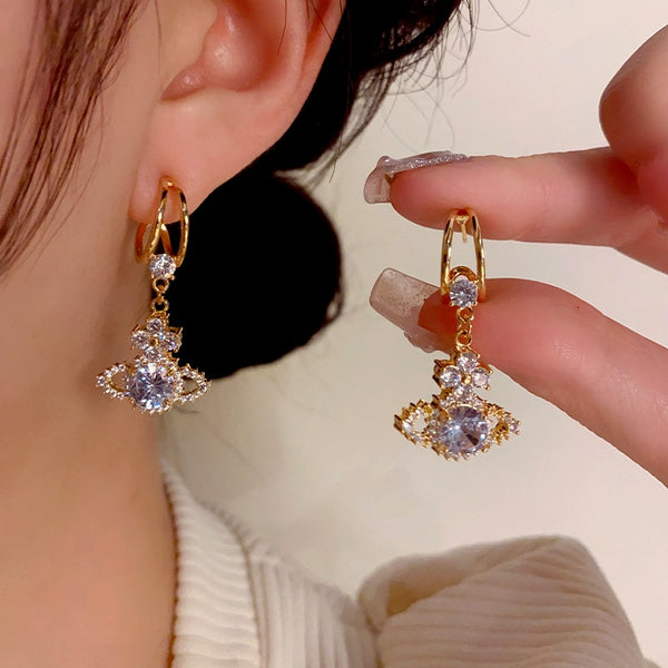 14K Gold-Plated Diamond Zircon Planet Earrings