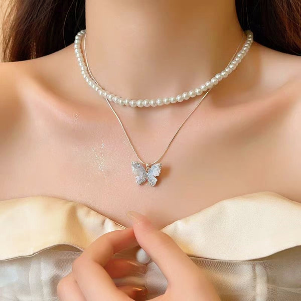 14K Gold-Plated Double-Layer Crystal Butterfly Pearl Necklaces