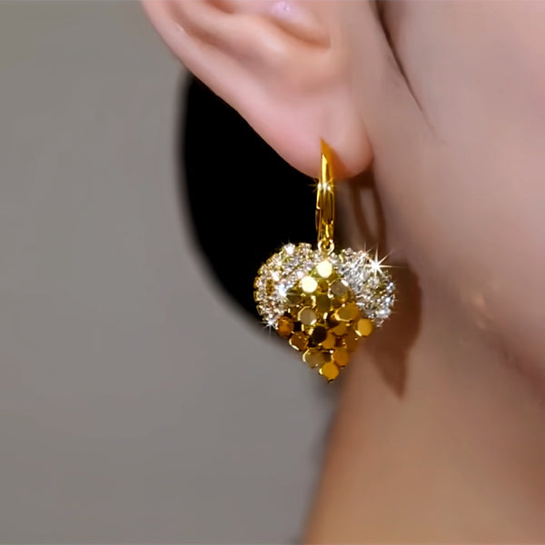 14K Gold-Plated Double-Layer Diamond Sequin Heart Earrings