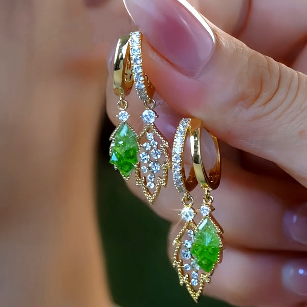 14K Gold-Plated Double-Layer Green Diamond Leaf Earrings