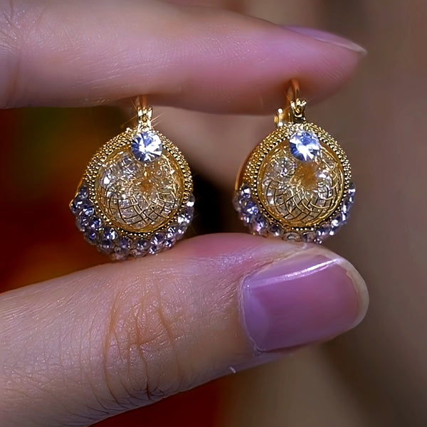 14K Gold-Plated Double-Sided Mesh Zircon Diamond Earrings