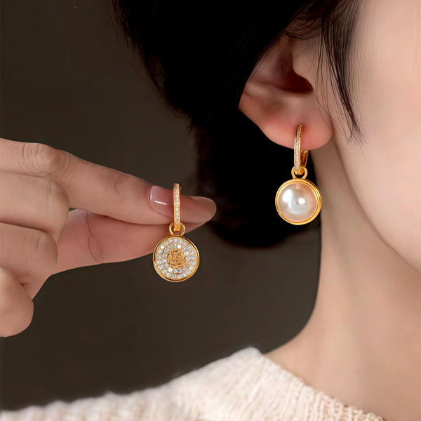 14K Gold-Plated Double-Sided Zircon Pearl Earrings