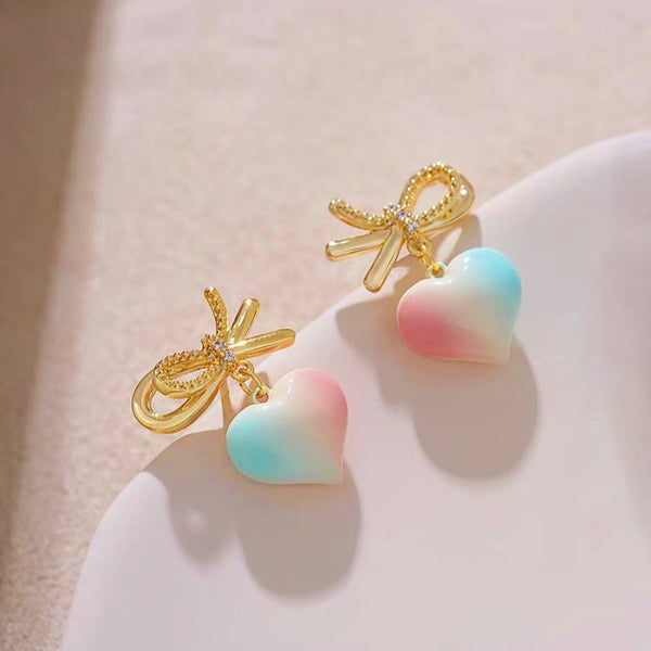 14K Gold-Plated Elegant Peach Heart-Shaped Bow Earrings