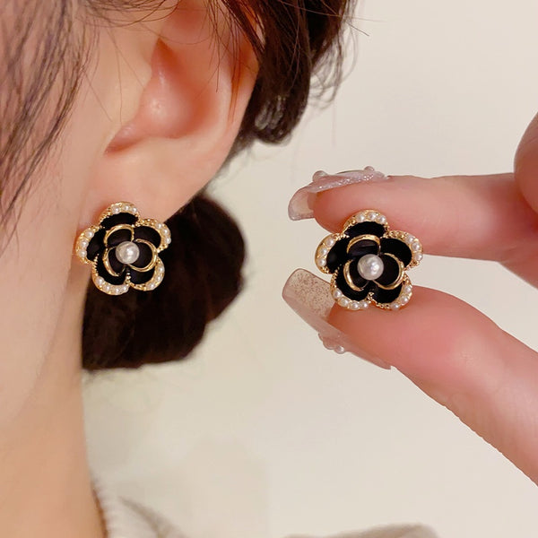 14K Gold-Plated Elegant Black Camellia Stud Earrings