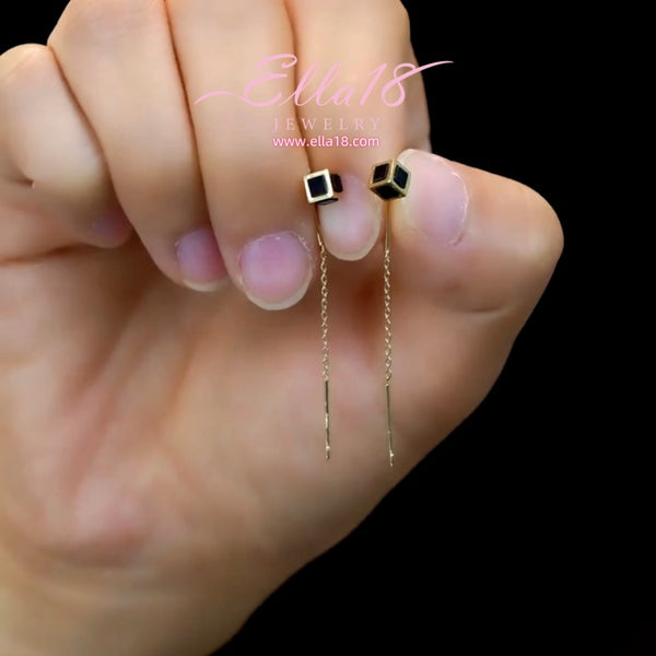 14K Gold-Plated Elegant Black Three-Dimensional Square Threader Earrings