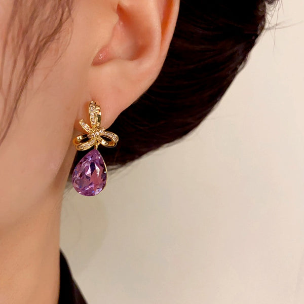 14K Gold-Plated Elegant Bow Purple Diamond Water Drop Earrings