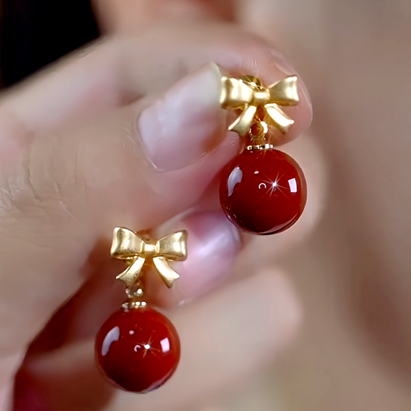 14K Gold-Plated Elegant Bow Red Bead Earrings