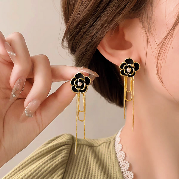 14K Gold-Plated Elegant Camellia Pearl Tassel Earrings