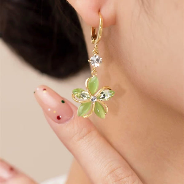 14K Gold-Plated Elegant Cat Eye Green Flower Earrings