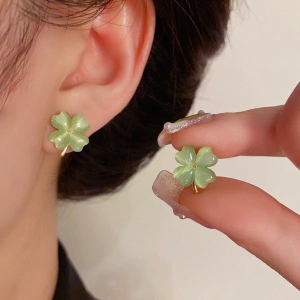 14K Gold-Plated Elegant Cat's Eye Green Flower Stud Earrings