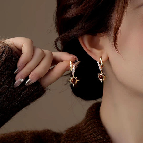 14K Gold-Plated Elegant Cat's Eye Stone Star Tassel Earrings