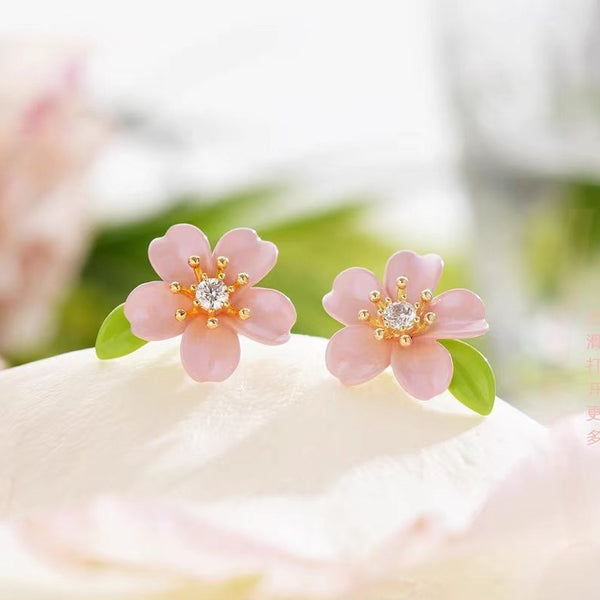 14K Gold-Plated Elegant Cherry Blossom Pink Flower Earrings