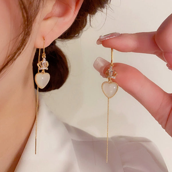 14K Gold-Plated Elegant Crown Heart Threader Earrings