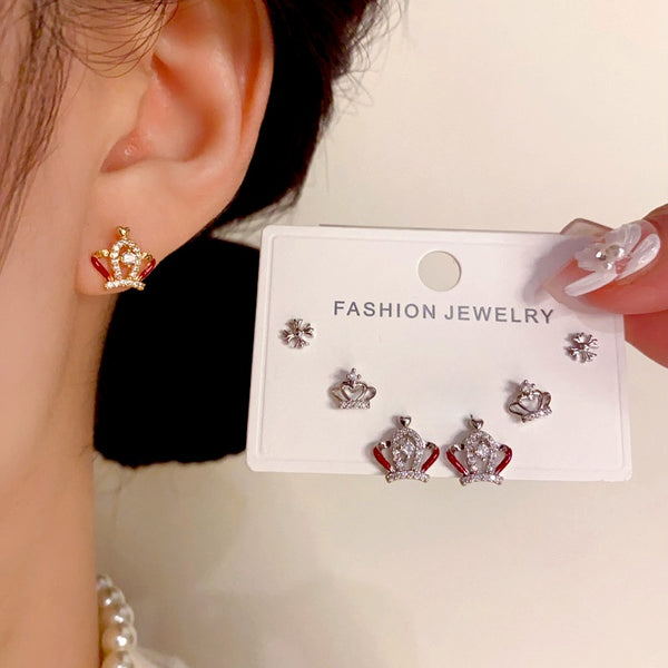 14K Gold-Plated Elegant Crown Three-Piece Stud Earring Set