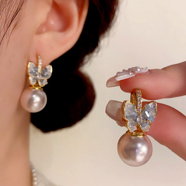 14K Gold-Plated Elegant Crystal Butterfly Pendant Pearl Earrings