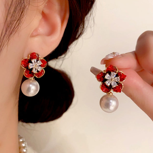 14K Gold-Plated Elegant Crystal Flower Pearl Earrings