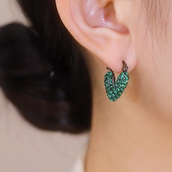 14K Gold-Plated Elegant Diamond-Filled Dark Green Heart Earrings