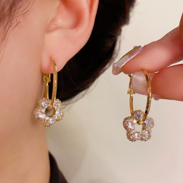 14K Gold-Plated Elegant Diamond Flower Hoop Earrings