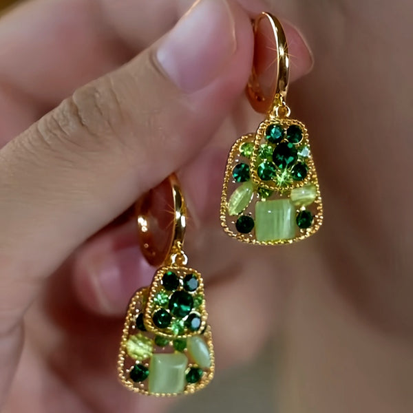 14K Gold-Plated Elegant Double-Layer Green Diamond Cat's Eye Stone Earrings