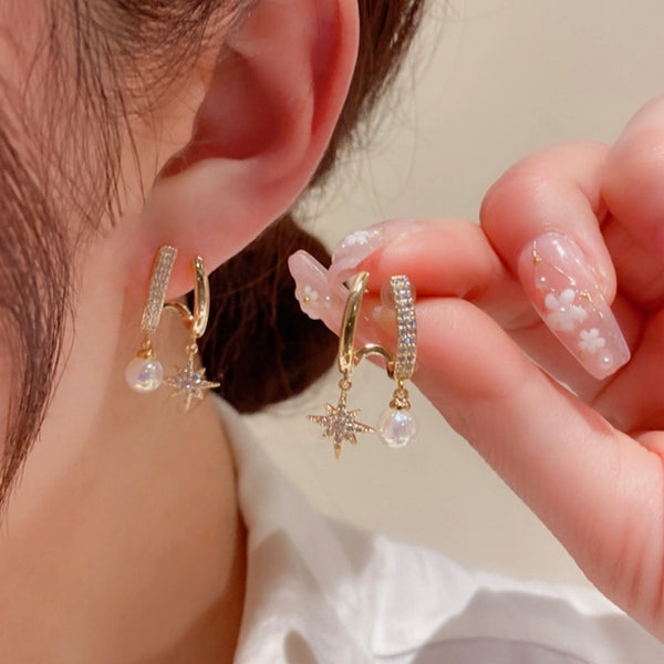 14K Gold-Plated Elegant Double-Layer Zircon Star And Pearl Earrings