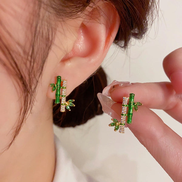 14K Gold-Plated Elegant Fresh Green Bamboo Stud Earrings